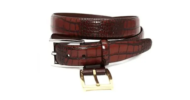 A brown crocodile-embossed leather belt with a gold buckle